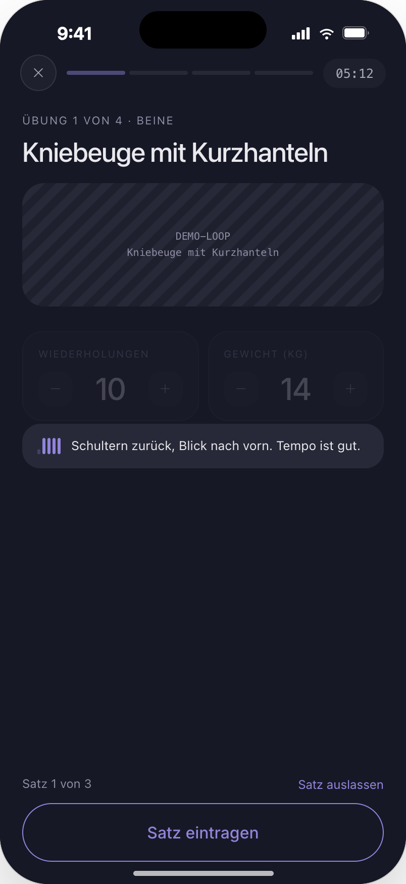 Live-Training mit Satzprotokoll